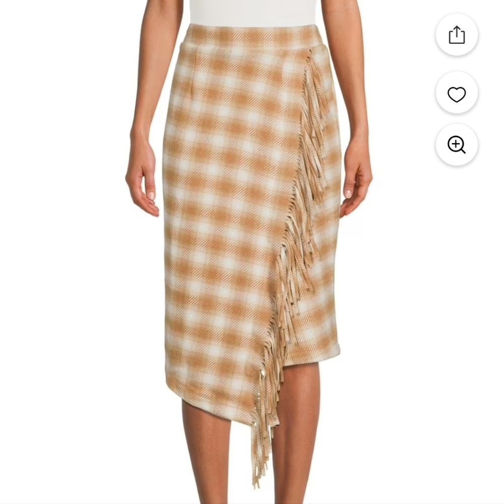 Womens Tan And Cream Checkered Fringe Faux Wrap Pencil Skirt sz M